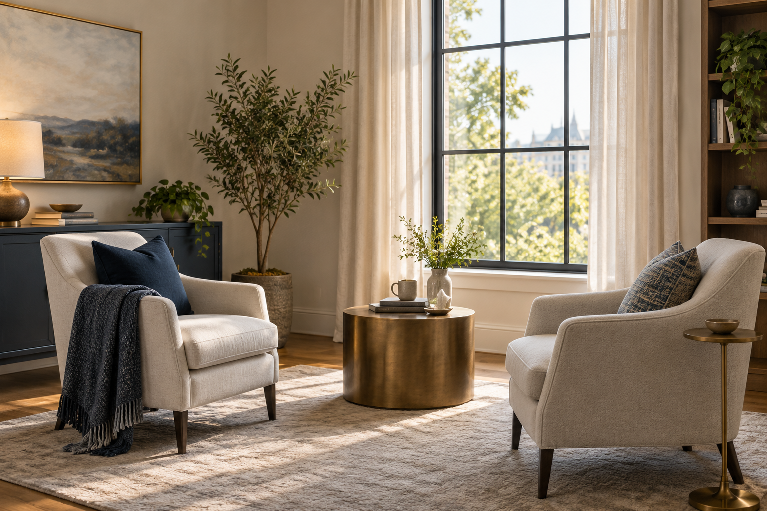 Quiet, sunlit counseling space with two chairs